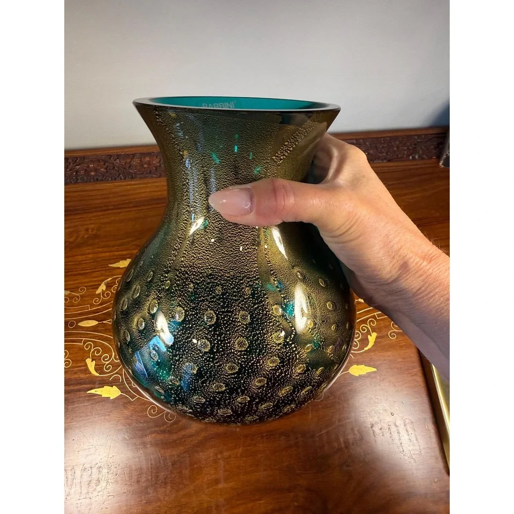 Signed Barbini Murano Art Glass Vase Emerald Green Gold Aventurine Bullicante 7